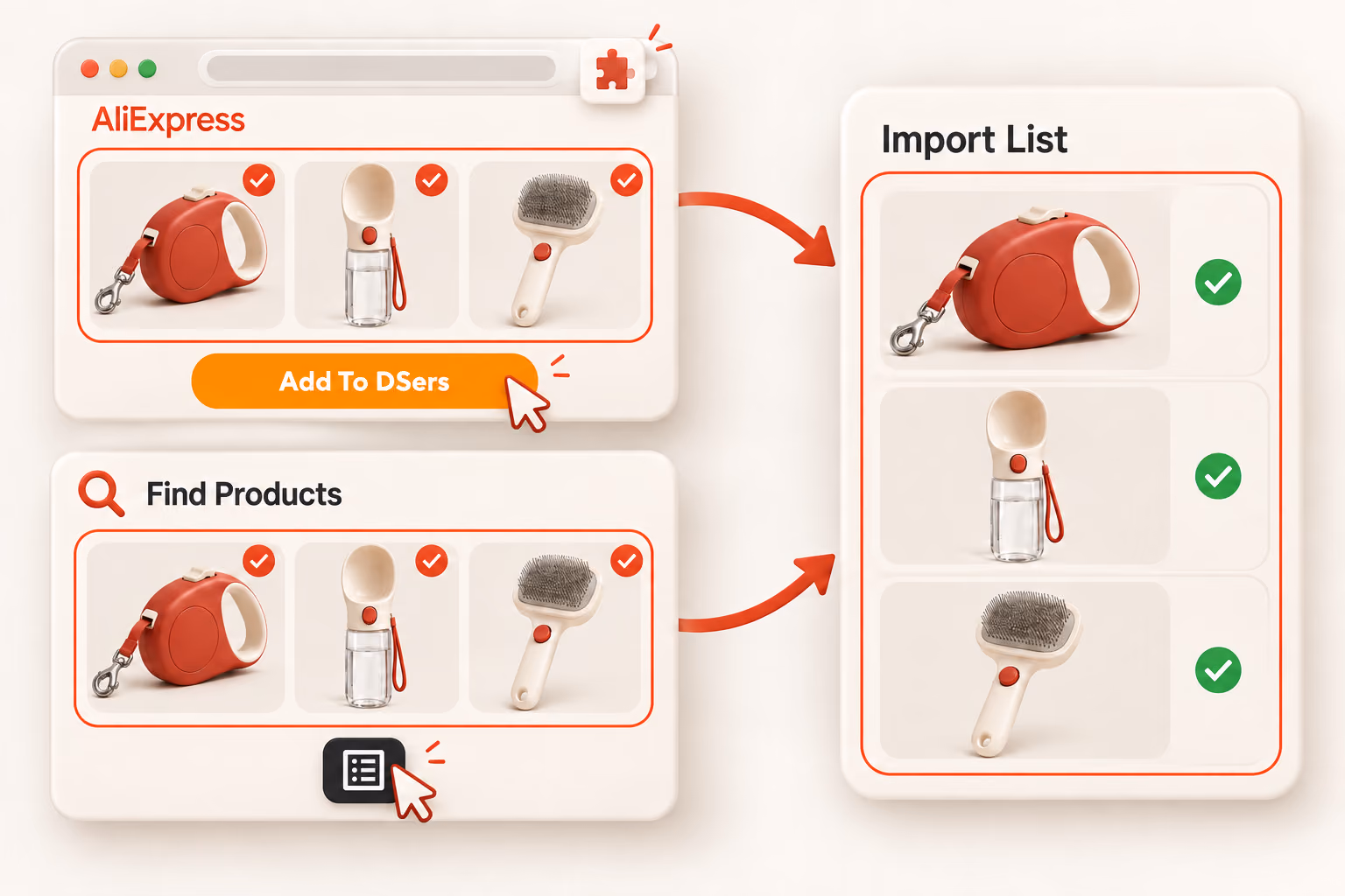 Selected pet products imported as a group through the AliExpress extension or DSers Find Products into the Import List.